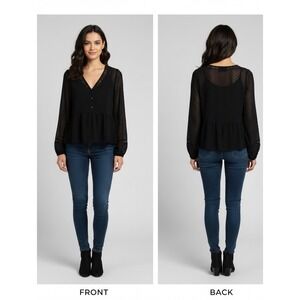 Black Chiffon Long Sleeve Top w/ Lace Detail and Built-in Tank Size Small